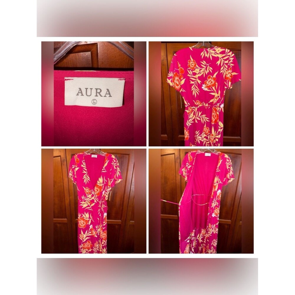 Aura Beautiful Pink with Yellow & Orange Flower Wrap Dress #1599